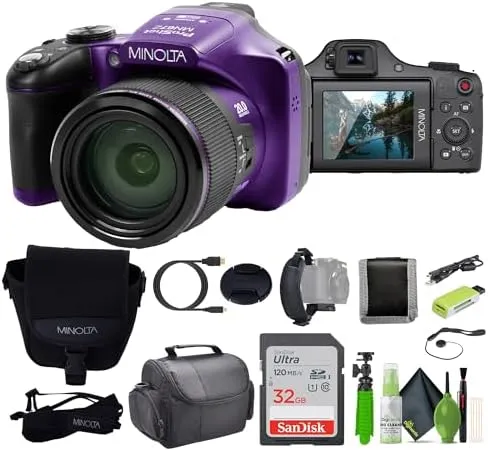 MINOLTA MN67Z 20 MP / 1080P FHD Bridge Digital Camera w/67x Optical Zoom (Purple) Bundle with 32GB Memory Card + Camara Bag + Cleaning Kit + Vlogging Tripod + Accessories