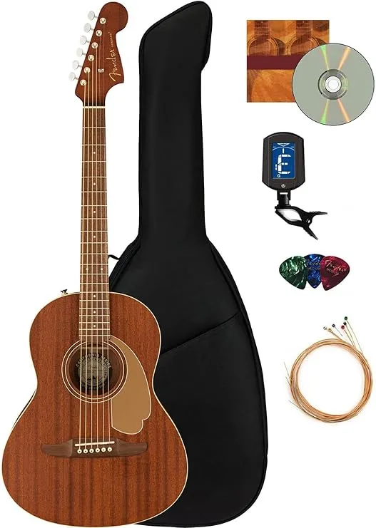 Fender Sonoran Mini Acoustic Guitar Bundle with Gig Bag, Clip-on Tuner, Strings, Picks, and Austin Bazaar Instructional DVD - All Mahogany