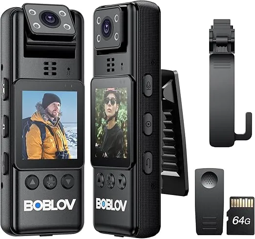 BOBLOV A23 64GB Body Worn Camera, 180° Rotatable Video Camera, 2200mAh Battery with 9Hours Shooting, Night Vision, 1080P, Design for Lecture, Fishing, or Delivery