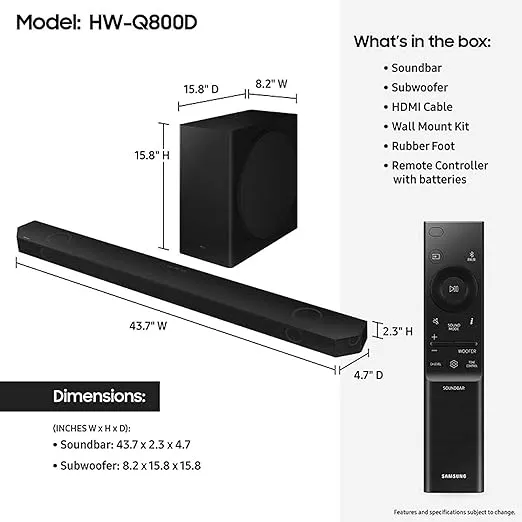 SAMSUNG Q800D 5.1.2ch Soundbar w/Wireless Dolby Atmos Audio, Q-Symphony, SpaceFit Sound Pro, Adaptive Sound, Game Mode Pro with Alexa Built-in, HW-Q800D/ZA