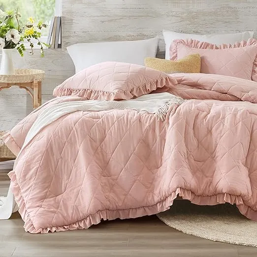 Degrees of Comfort Pink/Blush Ruffle Bedding Set, Shabby Chic Farmhouse King Size Comforter for Women, Boho Fluffy Cozy Washed Microfiber Bed Sets, 3 Piece with Ruffled Pillow Shams