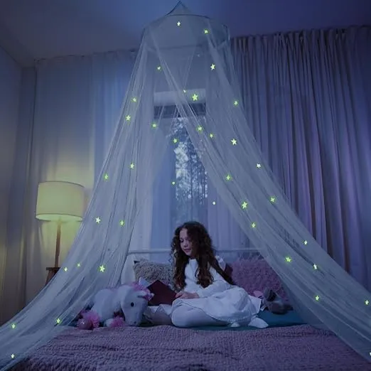 Bollepo Bed Canopy for Girls Bed with Glowing Stars - Princess Room Decor, Ceiling Net to Cover Toddler | Full, Twin Size Kids Bed, Fire Retardant Fabric (White - Stars)