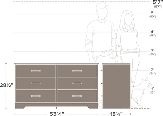 Prepac Rustic Ridge Farmhouse 6-Drawer Double Dresser, Washed White Dresser for Bedroom, Chest of Drawers with 6 Storage Drawers, 53.25” wide x 18.25” deep x 28.5” tall, Washed White