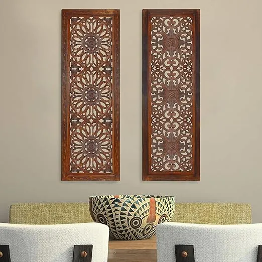 Benjara 2 Piece Mango Wood Wall Panel Set with Mendallion Carving, Rectangle, Burnt Brown