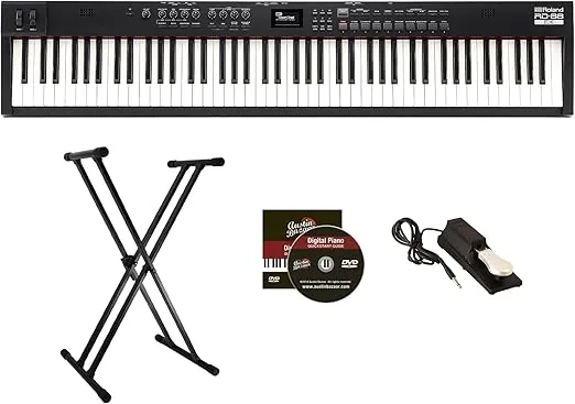 RD-88EX Professional 88-Key Stage Piano Bundle with Adjustable Stand, Sustain Pedal, Online Piano Lessons, and Austin Bazaar Instructional DVD