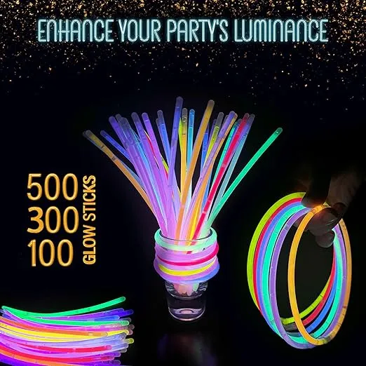 GemPrime 100 Pcs Glow Sticks Bulk Party Pack – 8” Glow in the Dark Party Supplies & Party Favors Pack for Glow Bracelets & Glow Necklaces – 100 Connectors for Christmas, Concerts & Birthdays