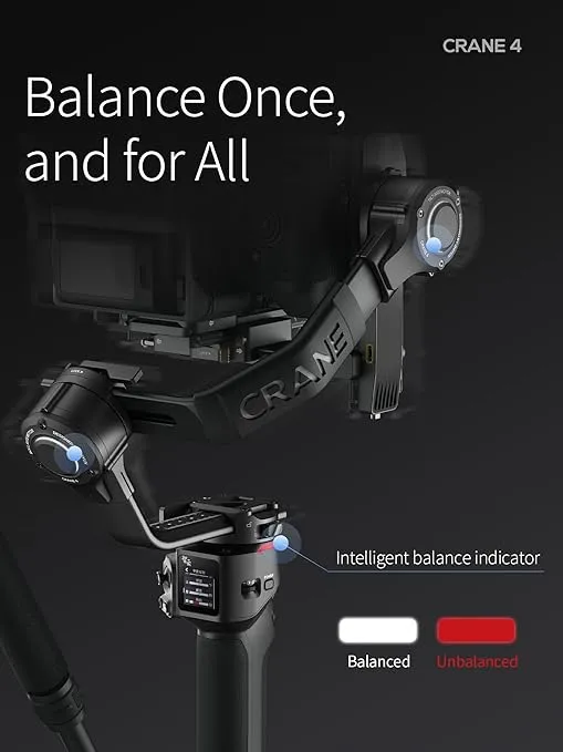 ZHIYUN Crane 4, 3-Axis Gimbal Stabilizer for DSLR and Mirrorless Camera, Nikon Sony Panasonic Canon Fujifilm BMPCC 6K, Fill Light, PD Fast Charge