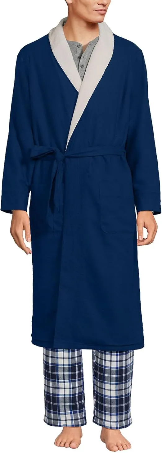 Lands' End Men's Sherpa Fleece Lined Flannel Robe