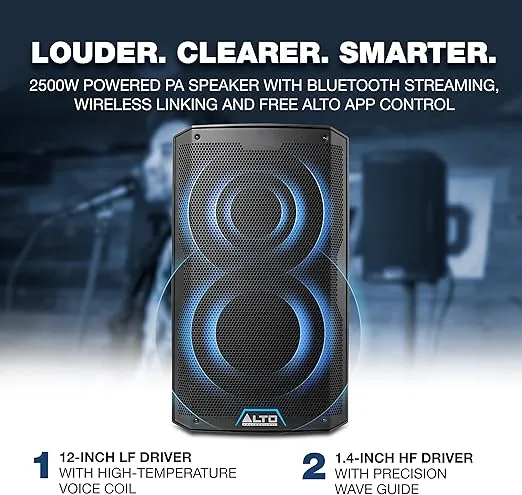 Alto Professional TS412 - 2500W 12" Powered PA Speaker with 3 Channel Mixer, Bluetooth Streaming, Wireless Loudspeaker linking, DSP and Alto App