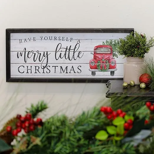 Simply Said, INC Farmhouse Frames Chistmas Sign - Have Yourself a Merry Little Christmas - 10 x 24 inches - Red Truck Christmas Decorations - Rustic Wood Christmas Mantel Decor FF1094