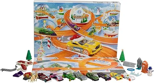 Hot Wheels Toy Cars, 2024 Advent Calendar, 8 1:64 Scale Vehicles, 16 Winter-Themed Accessories & Playmat