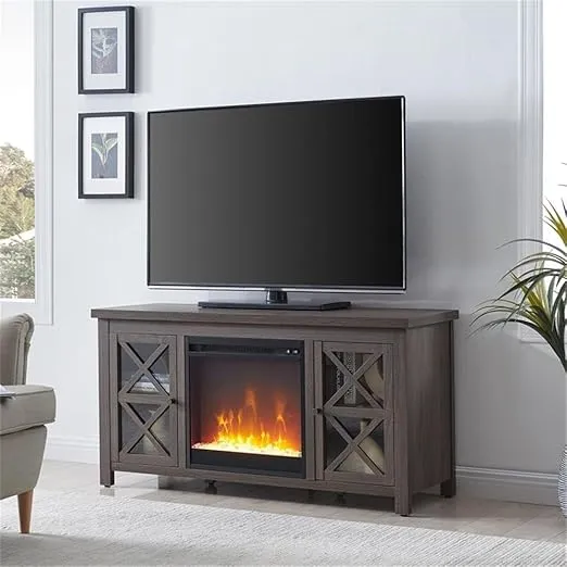 Henn&Hart Rectangular TV Stand with Crystal Fireplace for TV's up to 55" in Alder Brown, Electric Fireplace TV Stands for the Living Room