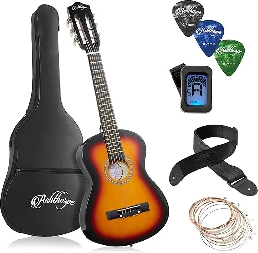 Ashthorpe 30-inch Beginner Acoustic Guitar Package (Sunburst), Basic Starter Kit w/Gig Bag, Strings, Strap, Tuner, Picks