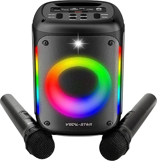 Portable Karaoke Machine Vocal-Star with Bluetooth, 2 Wireless Microphones, Karaoke System, 60w Speaker, Party Lights Effects, Records Singing, Rechargeable, VS-275