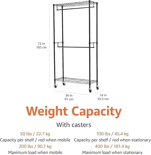 Amazon Basics Adjustable, Double Hanging Rod Garment Rolling Closet Organizer Rack with Wheels, Heavy Duty, Black, 36'' x 14'' x 72'', WI-GAR1436B