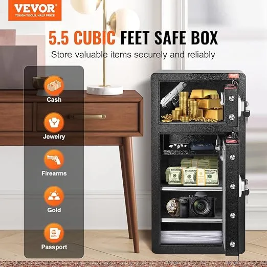 VEVOR Double Doors 5.5 cu.ft Safe Box with Key Lock & Password, Safe Lock Box with Fireproof Bag, Key Rack, LED Light, 2 Height Adjustable and Removable Divider and 1 Cabinet for Money,Documents,Black