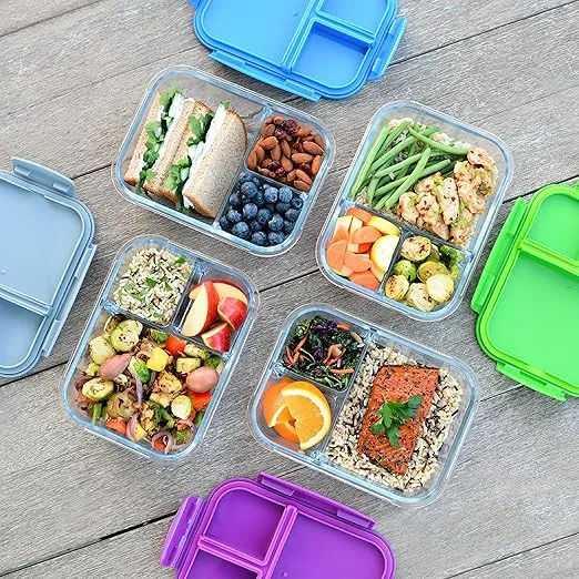 Bentgo Glass Lunch Box - Leak-Proof Bento-Style Food Container with Airtight Lid and Divided 3-Compartment Design - 5 Cup Capacity for Meal Prepping, and Portion-Controlled Meals for Adults (Purple)