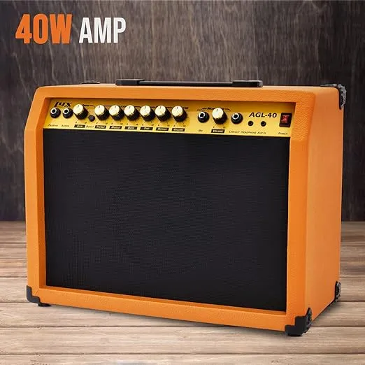 LyxPro 40 Watt Electric Guitar Amplifier | Solid State Studio Amp with 8” 4-Ohm Speaker, Custom EQ Controls, Drive, Delay, ¼” Passive/Active/Microphone Inputs, Aux in & Headphone Jack - Mahogany