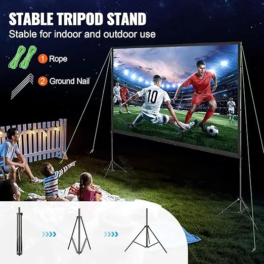 VEVOR Projector Screen with Stand, 120 inch 16:9 4K 1080 HD Outdoor Movie Screen with Stand, Wrinkle-Free Projection Screen with Tripods and Carry Bag, for Home Theater Cinema Backyard Movie Night