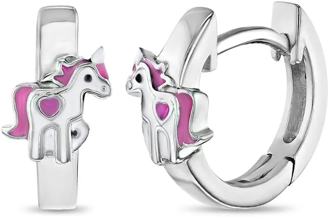 925 Sterling Silver Pink Enamel Unicorn Huggie Hoop Earrings For Girls- Fun & Cute Hinged Locking Earrings For Comfort and Security- Precious and Magical Gift For Little Girls & Teens