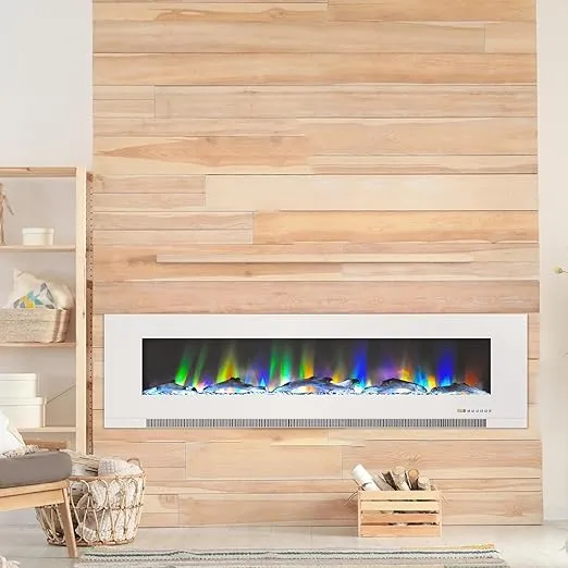 Cambridge 60-inch Wall Mount Electric Fireplace Heater in White with Remote Control, Multicolor Flames, and Log Display for Indoor Use in Living Room, Bedroom, Home Office