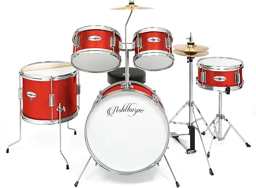 Ashthorpe 5-Piece Complete Junior Drum Set with Genuine Brass Cymbals - Advanced Beginner Kit with 16" Bass, Adjustable Throne, Cymbals, Hi-Hats, Pedals & Drumsticks - Red