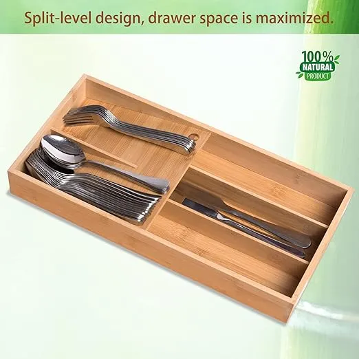 Bamboo Silverware Organizer, Kitchen Silverware Drawer Organizer, Utensil Tray Holder, Cutlery Tray for Spoons, Forks, Knives