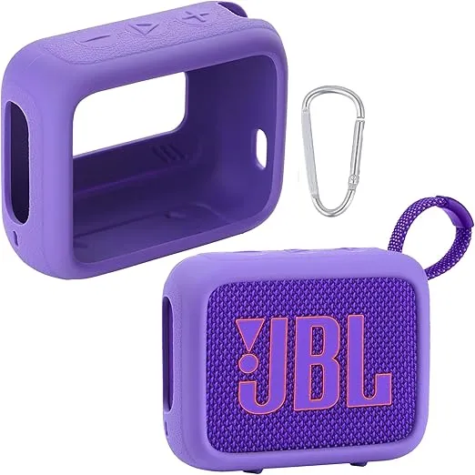 for JBL Go 4 Waterproof Bluetooth Speaker Silicone Cover Case, Portable Silicone Travel Case with Carabiner, Protective Skin Case (Purple Case) - co2CREA