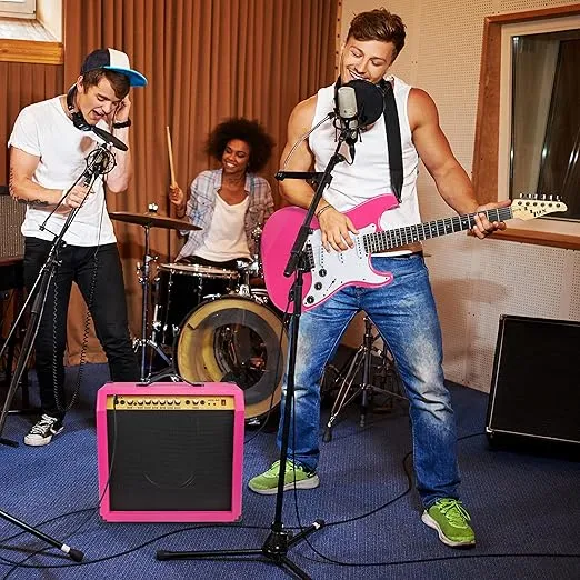 LyxPro 60 Watt Electric Guitar Amplifier | Combo Solid State Studio & Stage Amp with 10” 4-Ohm Speaker, Custom EQ Controls, Drive, Delay, ¼” Passive/Active/Mic Inputs, Aux In & Headphone Jack - Pink