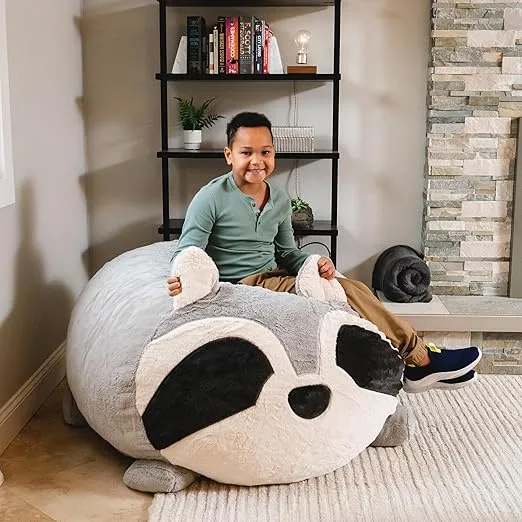 Big Joe Wild Things Foam Filled Animal Bean Bag Chair with Removable Cover, Rocky Raccoon Snugglepuff, Soft Faux Fur, 3 feet Big