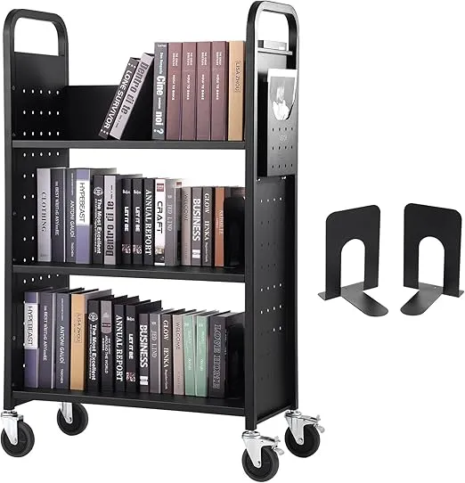 VEVOR Book Cart, 330 lbs Library Cart, 31.1" x 15.2" x 49.2" Rolling Book Cart, Single Sided L-Shaped Flat Shelves with 4-Inch Lockable Wheels for Home Shelves Office and School, Book Truck in Black