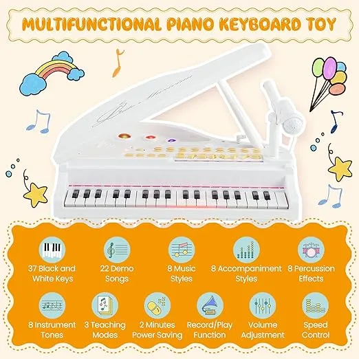 Costzon Kids Piano, 37 Key Mini Grand Piano Toy Keyboard with Microphone, Stool & Lights, Portable Electronic Piano Educational Musical Instrument Toy, Birthday Gift for Toddler Boys Girls (White)