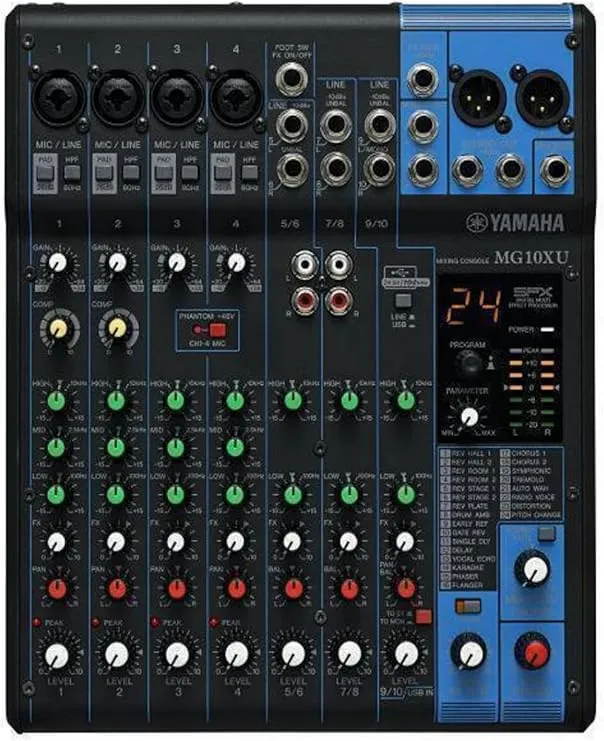 Yamaha MG10XU 10-Channel Analog Mixer, with 4 Microphone Preamps, 3 Dedicated Stereo Line Channels, 1 Aux Send, EQ, 1-knob Compressors, and Digital Effects