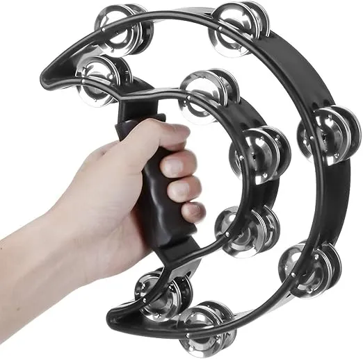 Half Moon Musical Tambourine Double Row Metal Jingles Hand Held Percussion Drum Multicolor for KTV Party with Ergonomic Handle Grip (Black)