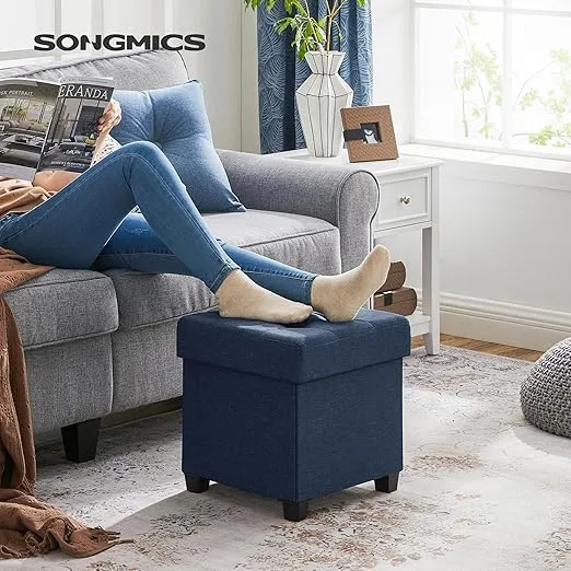 SONGMICS Storage Ottoman, Small Ottoman Foot Rest with Legs, 15 x 15 x 15.7 Inches Foot Stool, Ottoman with Storage, Load up to 660 lb, for Living Room, Bedroom, Dorm, Midnight Blue ULSF14IN