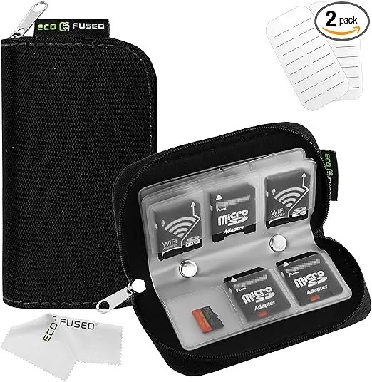 Eco-Fused Memory Card Case - Fits up to 22x SD, SDHC, Micro SD, Mini SD and 4X CF - Holder with 22 Slots (Black)