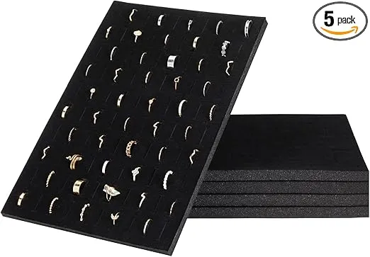 Juvale 5-Pack 100 Slots Velvet Ring Insert Display Tray - Foam Holder Organizer for Storage Box and Selling Jewelry (13 x 9 In, Black)