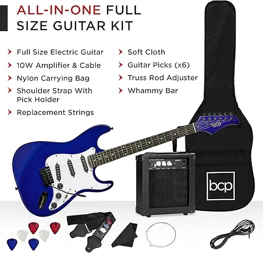 Best Choice Products 39in Full Size Beginner Electric Guitar Starter Kit w/Case, Strap, 10W Amp, Strings, Pick, Tremolo Bar - Metallic Blue