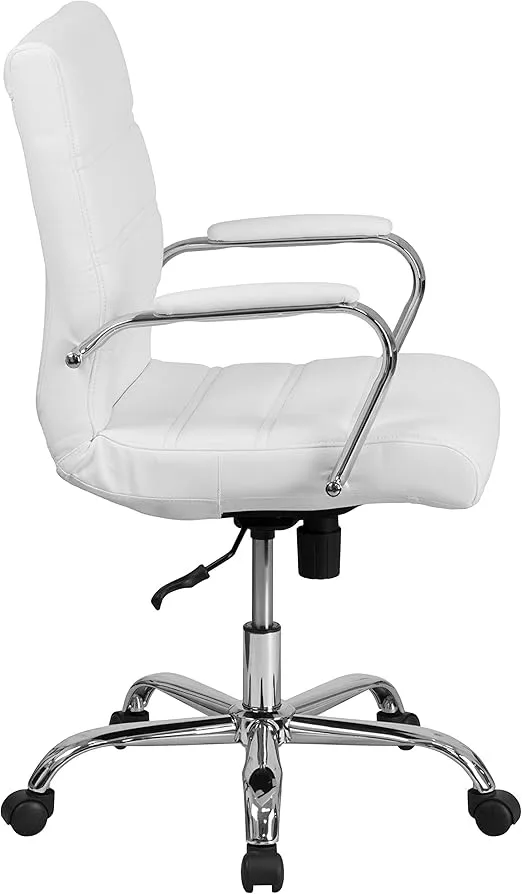 Flash Furniture Whitney Mid-Back Swivel LeatherSoft Desk Chair with Padded Seat and Armrests, Adjustable Height Padded Office Chair, White/Chrome