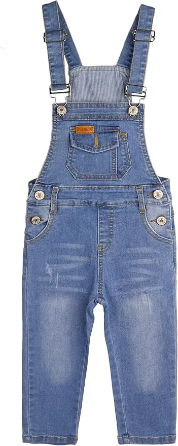 KIDSCOOL SPACE Baby Little Boys Slim Fit Jeans,Ripped Bib Pocket Fashion Denim Overalls