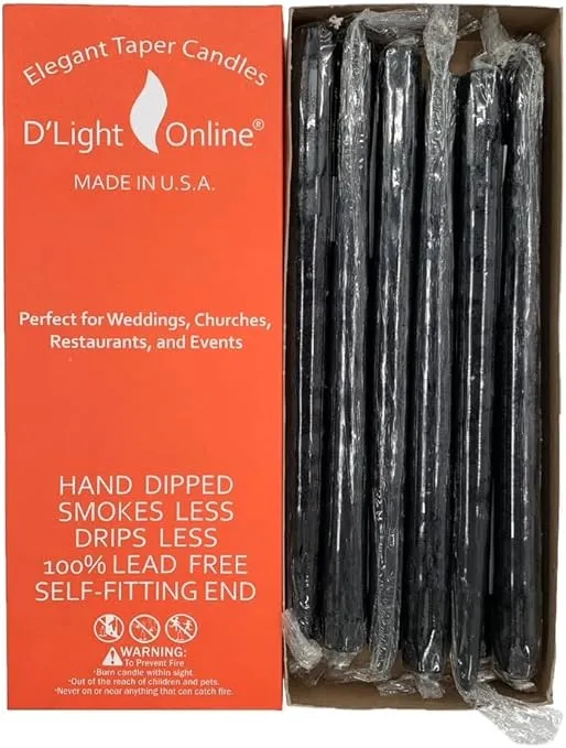 D'light Online Elegant 10" Unscented Black Taper Candles, Premium Quality Hand-Dipped Tapered Candles, Dripless and Smokeless - Set of 12 Individually Wrapped (10 Inch, Black)