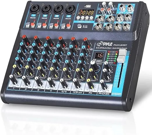 Pyle Professional Audio Mixer Sound Board Console Desk System Interface 8 Channel Digital USB Bluetooth MP3 Computer Input 48V Phantom Power Stereo DJ Studio FX 16Bit DSP Processor PMXU83BT, Black