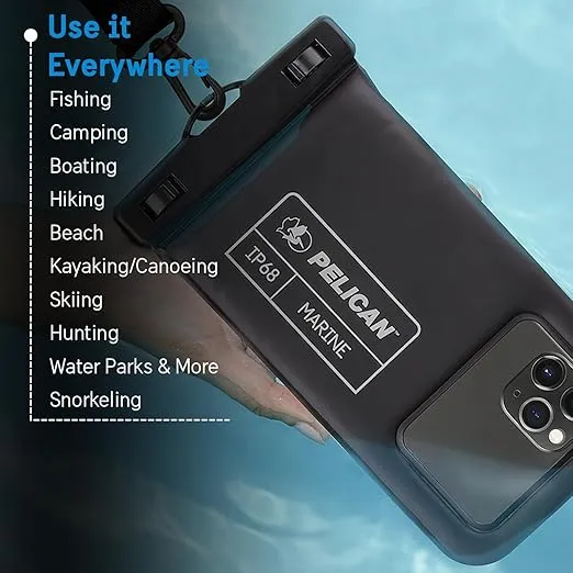 Pelican Marine - IP68 Waterproof Phone Pouch / Case (Regular Size) - Floating Waterproof Phone Case - iPhone 16 Pro Max/iPhone 15 Pro Max/14 Pro Max/13/12/S24/ Pixel 9 - Detachable Lanyard - Black