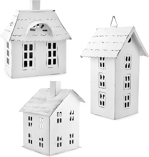 AuldHome Design Farmhouse Decor Tin Houses (Set of 3, White); Candle Lantern Decorative Holiday Christmas Village Display or Votive Holder