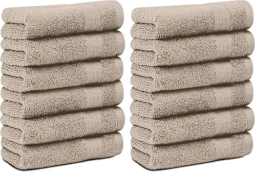 White Classic Resort Collection Soft Washcloth Face & Body Towel Set | 12x12 Luxury Hotel Plush & Absorbent Cotton Washclothes [12 Pack, Taupe]