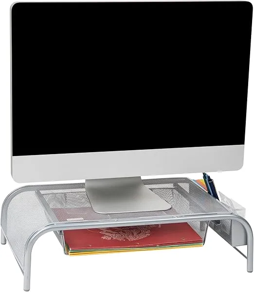 Mind Reader Monitor Stand, Ventilated Laptop Riser, Paper Tray, Storage, Office, Metal Mesh, 20"L x 11.5"W x 5.5"H, Silver