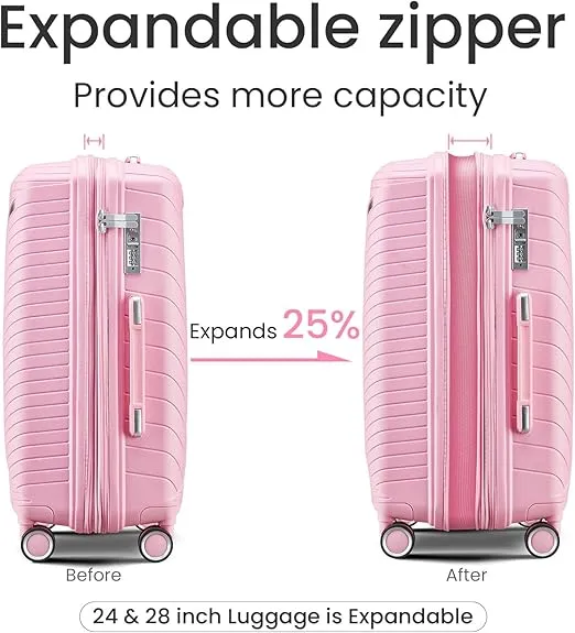 Luggage 4 Piece Sets, Expandable Carry On Luggage Set Hardshell PP, Suitcase Set with Double Spinner Wheels, Checked Durable Lightweight with TSA Lock, 14in 20in 24in 28in-Pink(B)