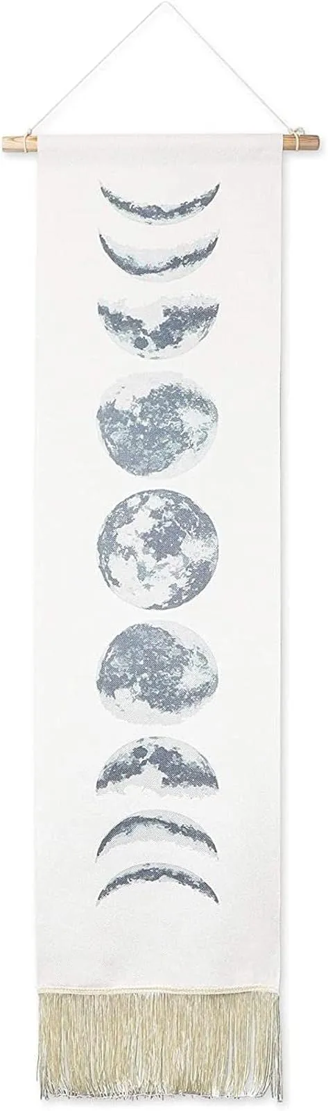 Okuna Outpost Moon Phase Tapestry with Rope String, Wooden Rod, and Tassels, Bohemian-Style Vertical Wall Hanging Art for Home, Living Room, Dorm Room Decor, (White, 12x49 in)