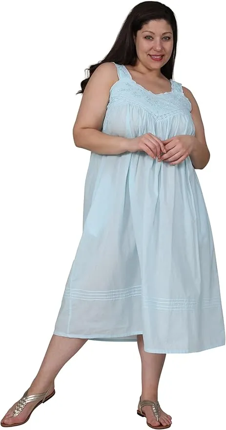 LA CERA Women's Plus Size Sleeveless Embroidered Nightgown, 100% Cotton, Side Pockets, Lace Inset V-Neckline