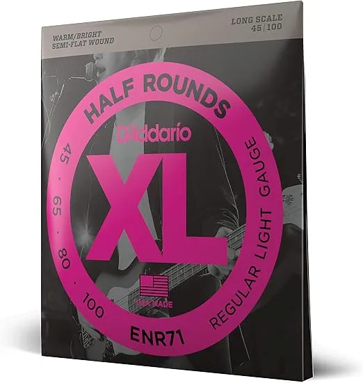 D'Addario Bass Guitar Strings, XL Nickel Half Rounds, ENR71, Long Scale, Regular Light Gauge 45-100, 4-String Set, Pack of 1